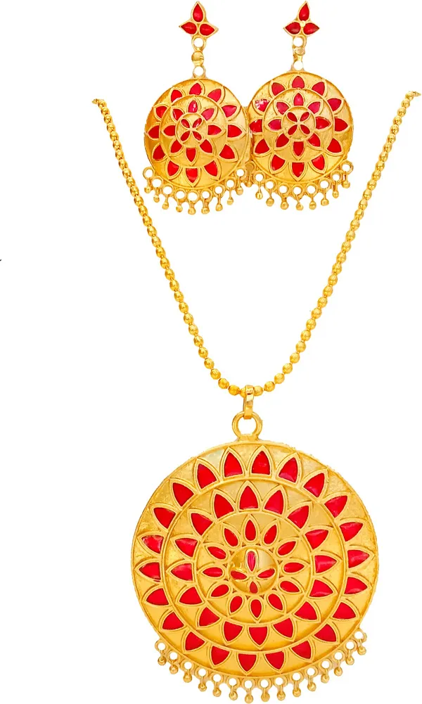 Assamese_Traditional_Gold_Plated_Red_Japi_Pendant_Chain_Jewellery_Set_For_Women_&_Girls